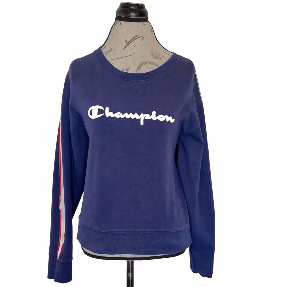 Champion Heritage Crewneck Sweatshirt Navy Blue Spellout Sleeve Stripe Sz Medium - Picture 2 of 13